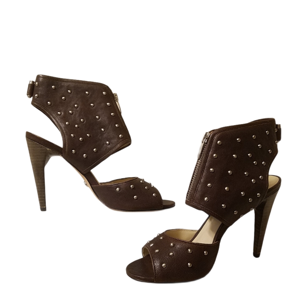 Velvet Angels Leather Stacked Heel Brown Stilettos